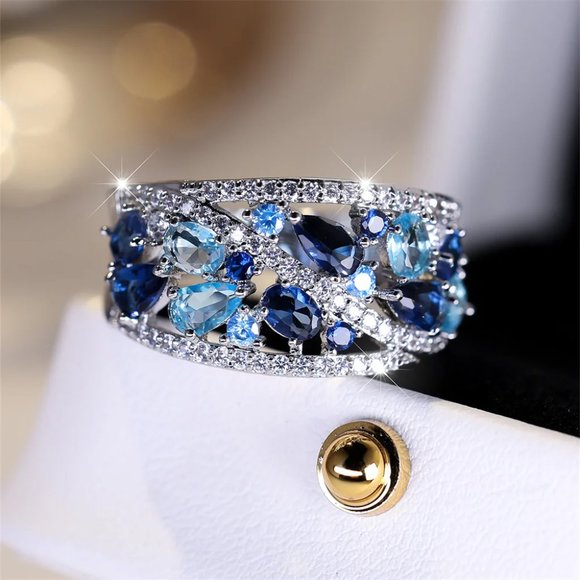 Royal Blue Crystal Water Drop Band Ring in Silver - Picture 1 of 6